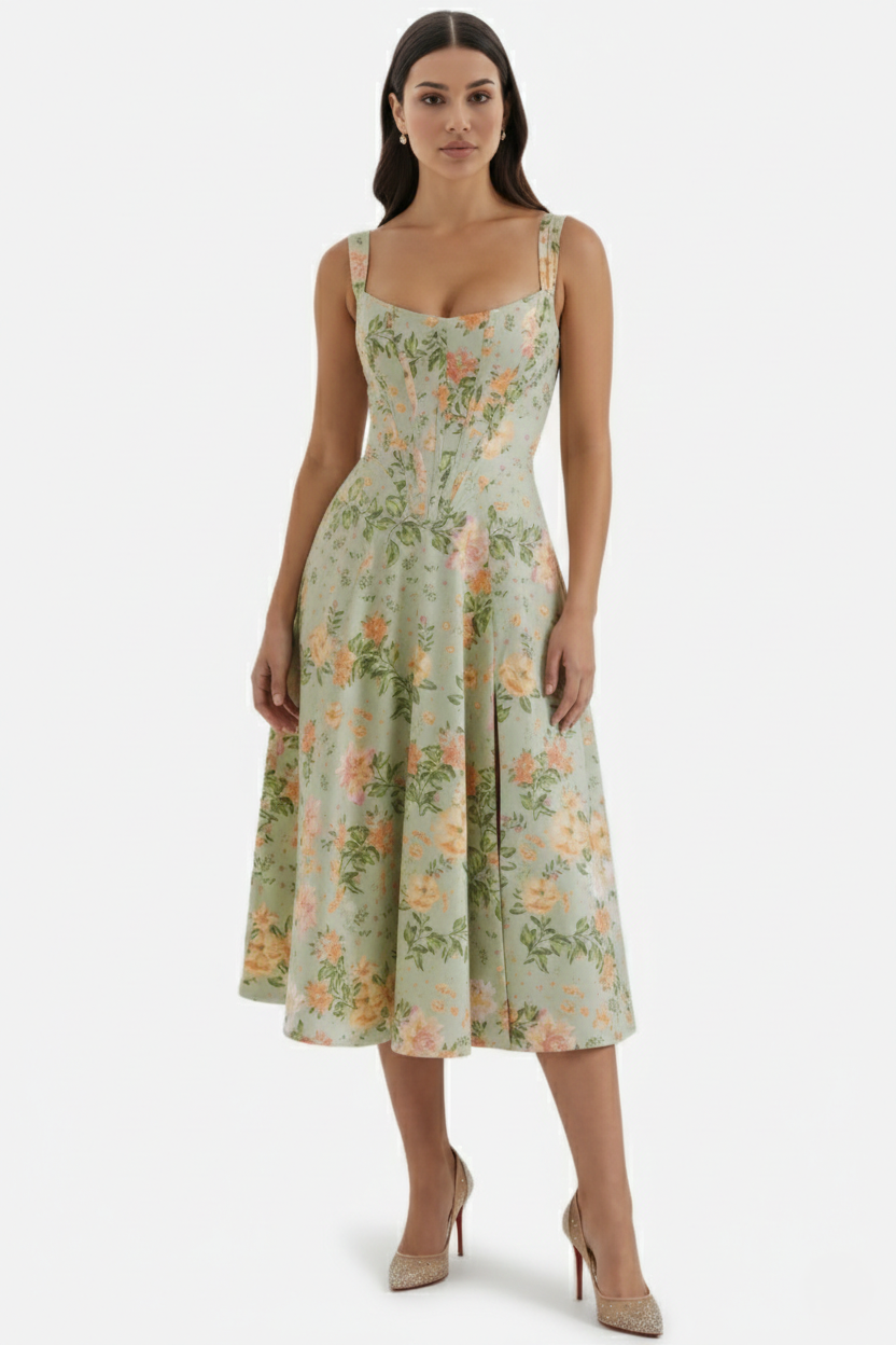 Womens Midi Sundress Floral Print Corset Bodice Side Slit - Clovrio