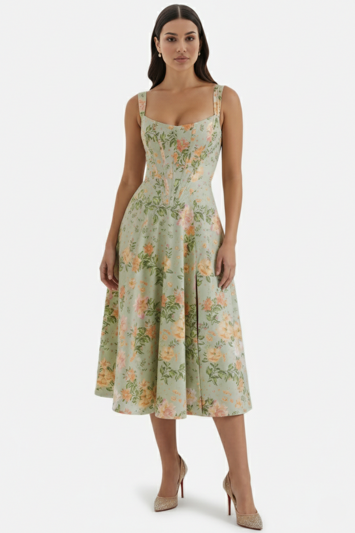 Womens Midi Sundress Floral Print Corset Bodice Side Slit - Clovrio