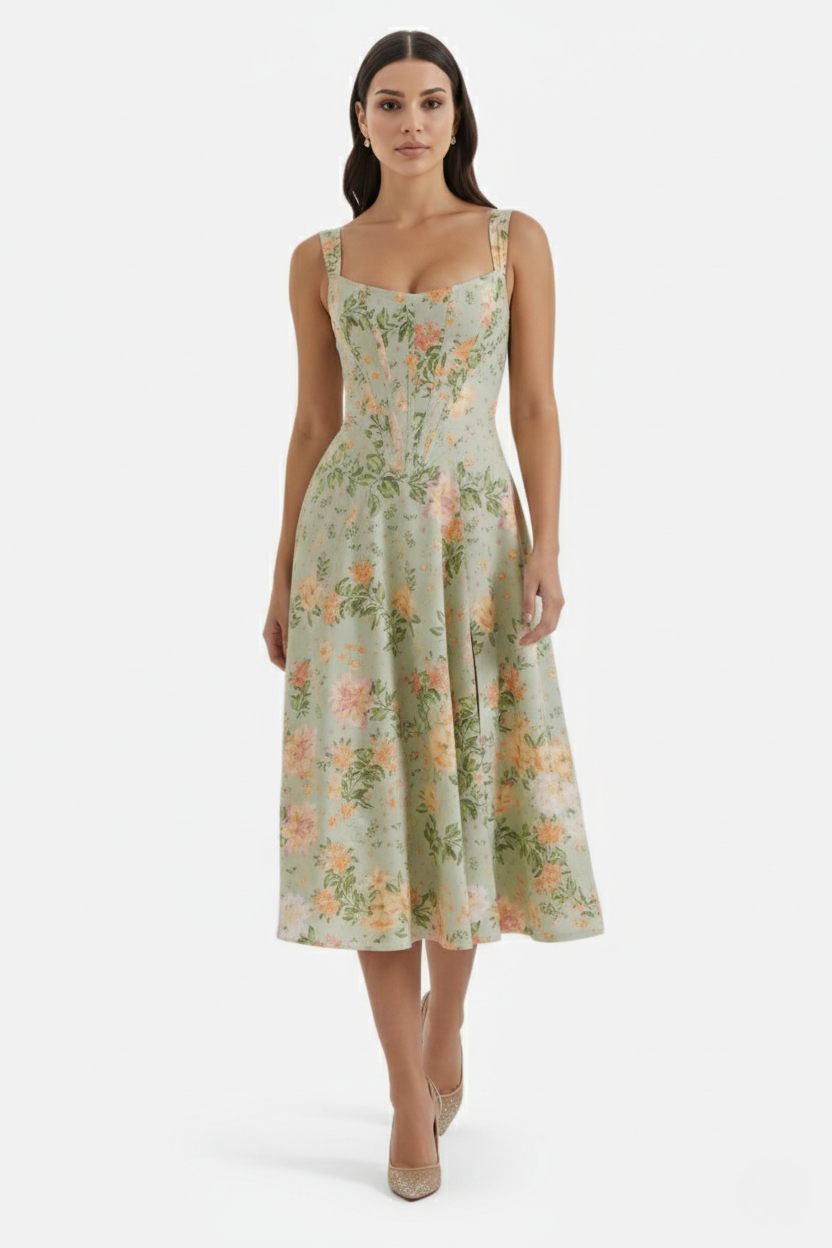 Womens Midi Sundress Floral Print Corset Bodice Side Slit