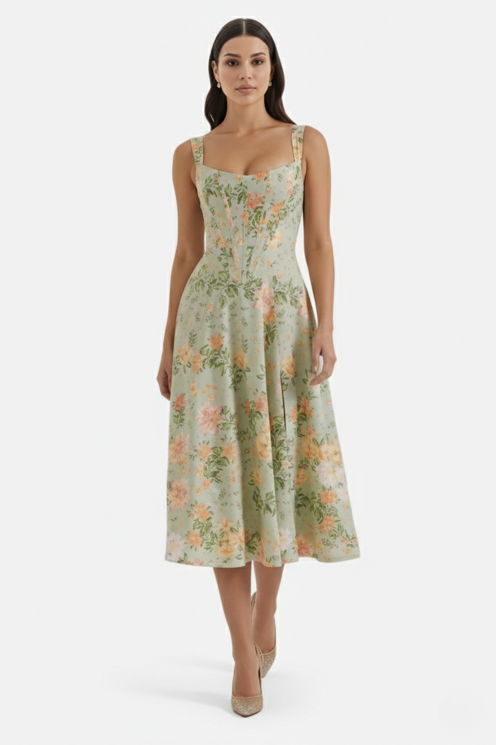 Womens Midi Sundress Floral Print Corset Bodice Side Slit