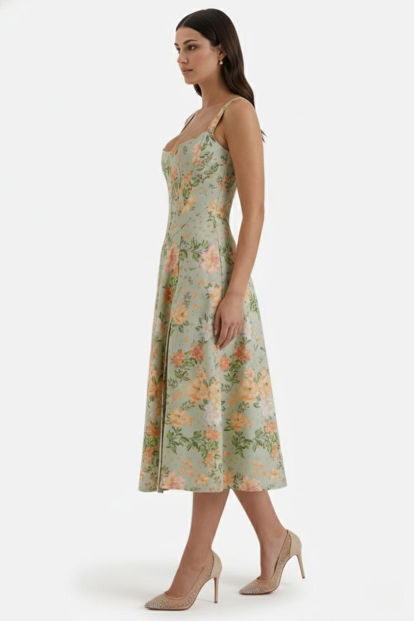 Womens Midi Sundress Floral Print Corset Bodice Side Slit