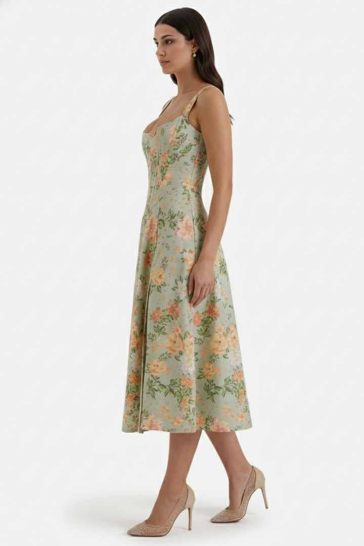 Womens Midi Sundress Floral Print Corset Bodice Side Slit