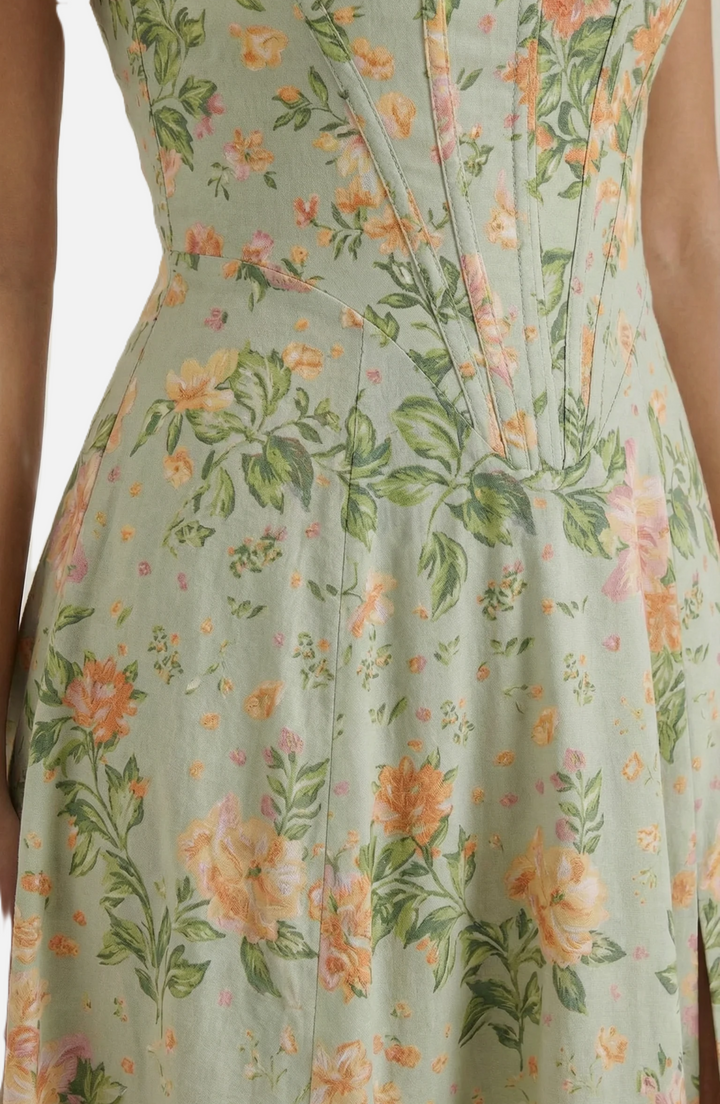 Womens Midi Sundress Floral Print Corset Bodice Side Slit