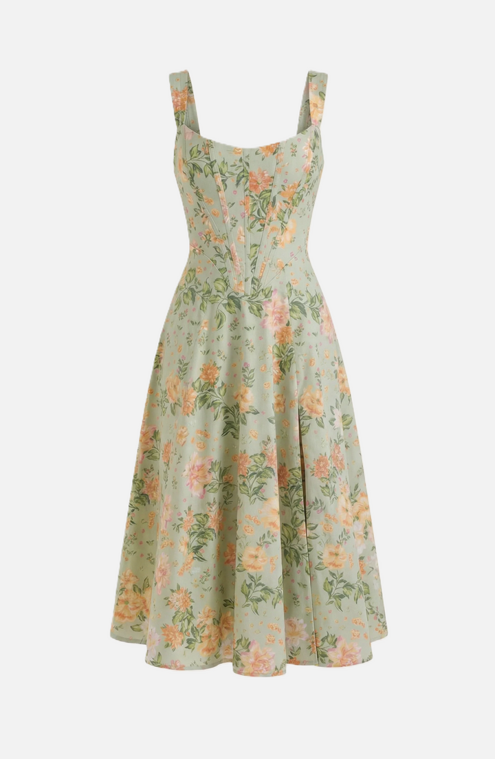 Womens Midi Sundress Floral Print Corset Bodice Side Slit
