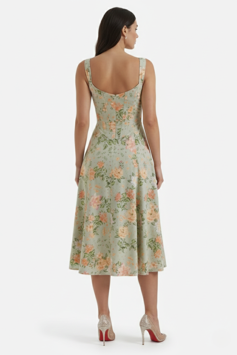 Womens Midi Sundress Floral Print Corset Bodice Side Slit