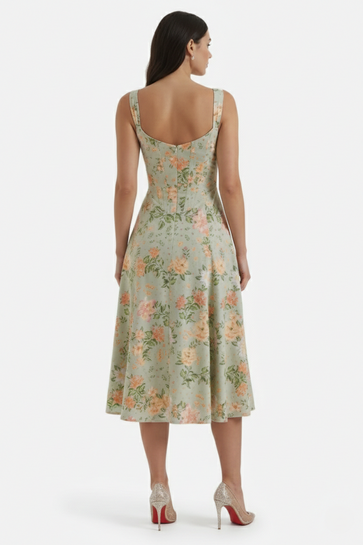 Womens Midi Sundress Floral Print Corset Bodice Side Slit