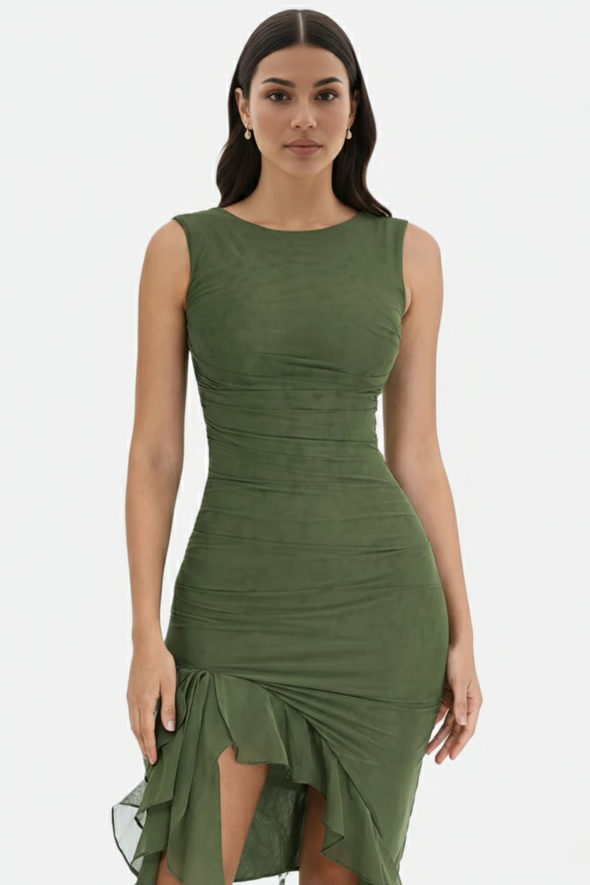 Womens Sleeveless Bodycon Midi Dress Ruched Ruffle Side Slit