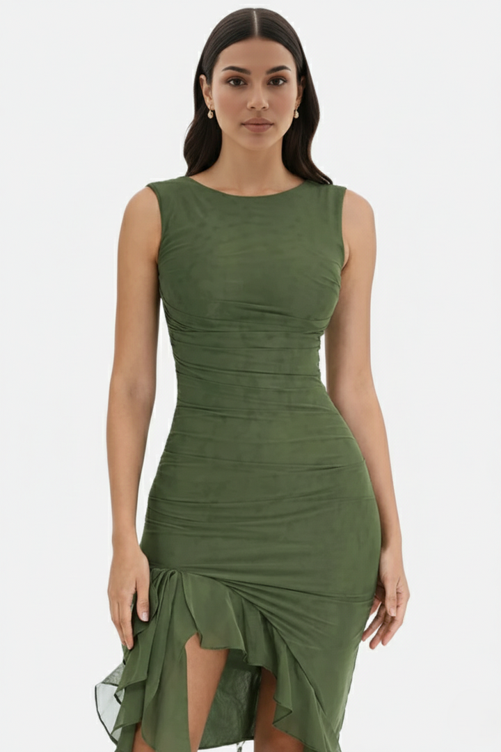 Womens Sleeveless Bodycon Midi Dress Ruched Ruffle Side Slit