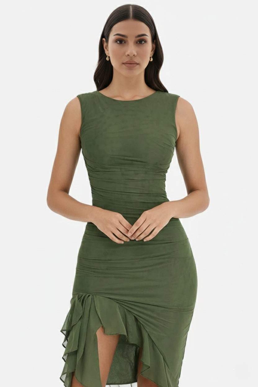 Womens Sleeveless Bodycon Midi Dress Ruched Ruffle Side Slit