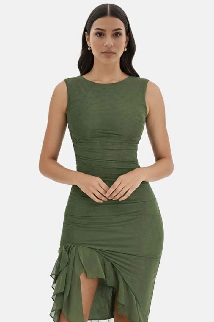Womens Sleeveless Bodycon Midi Dress Ruched Ruffle Side Slit