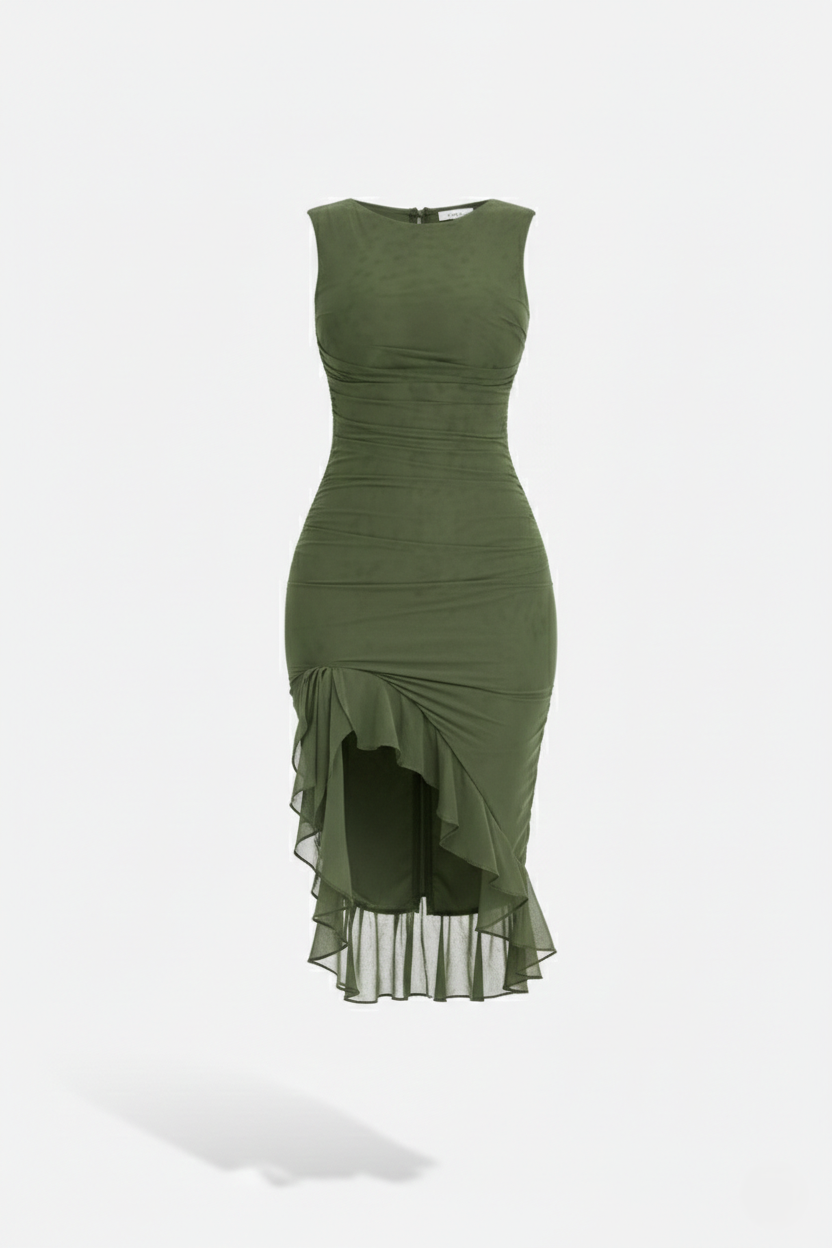 Womens Sleeveless Bodycon Midi Dress Ruched Ruffle Side Slit