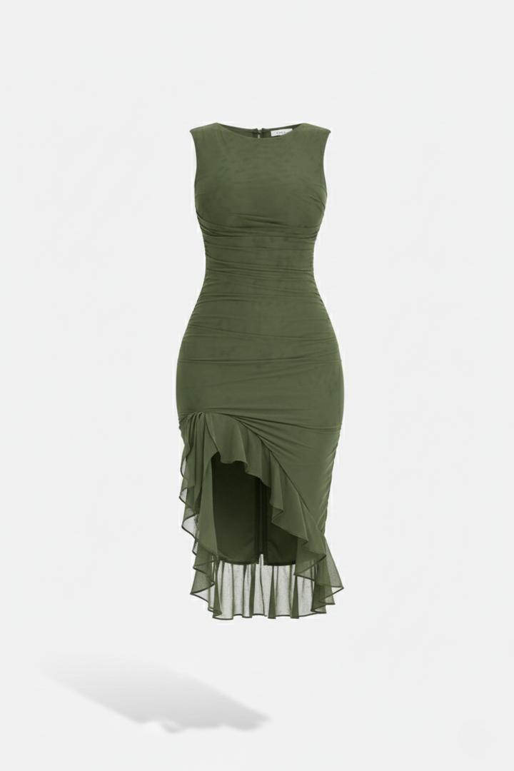 Womens Sleeveless Bodycon Midi Dress Ruched Ruffle Side Slit