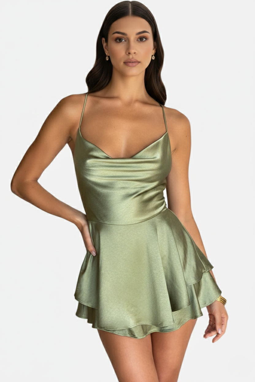 Womens Mini Dress Satin Spaghetti Strap Tiered Lace-Up Back