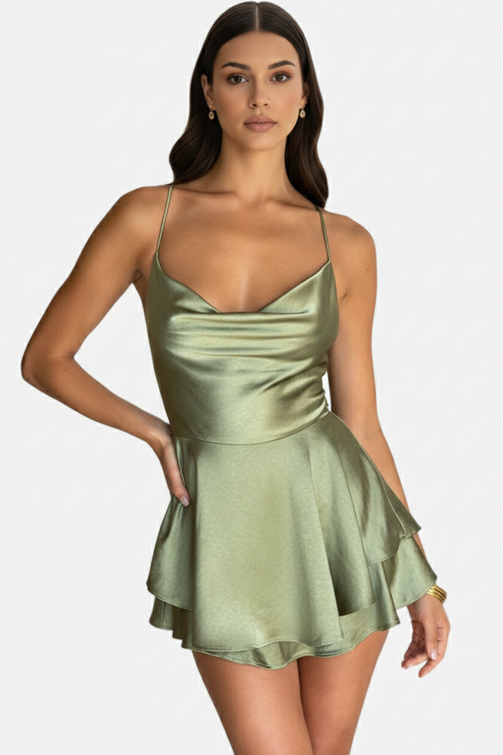Womens Mini Dress Satin Spaghetti Strap Tiered Lace-Up Back