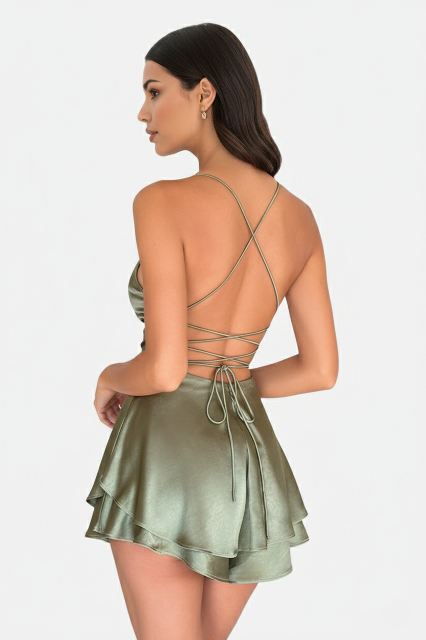 Womens Mini Dress Satin Spaghetti Strap Tiered Lace-Up Back