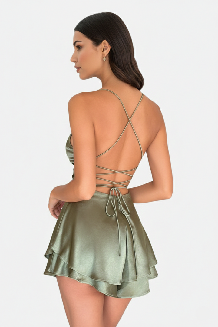 Womens Mini Dress Satin Spaghetti Strap Tiered Lace-Up Back