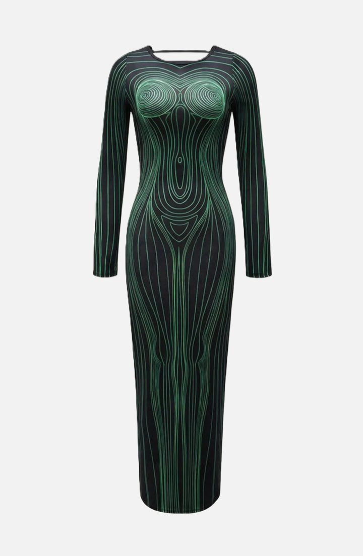 Womens Bodycon Evening Dress with Optical Illusion Long Sleeve Maxi