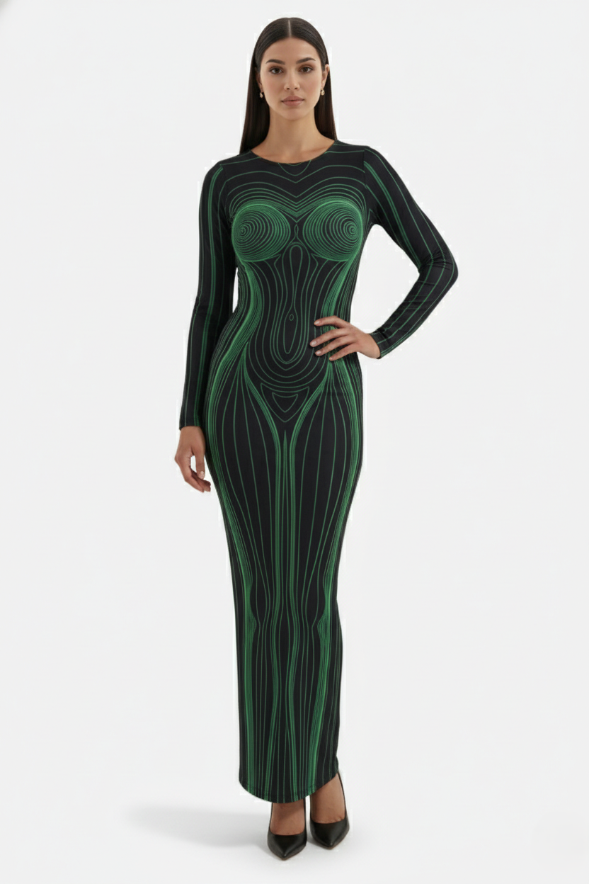 Womens Bodycon Evening Dress with Optical Illusion Long Sleeve Maxi - Clovrio