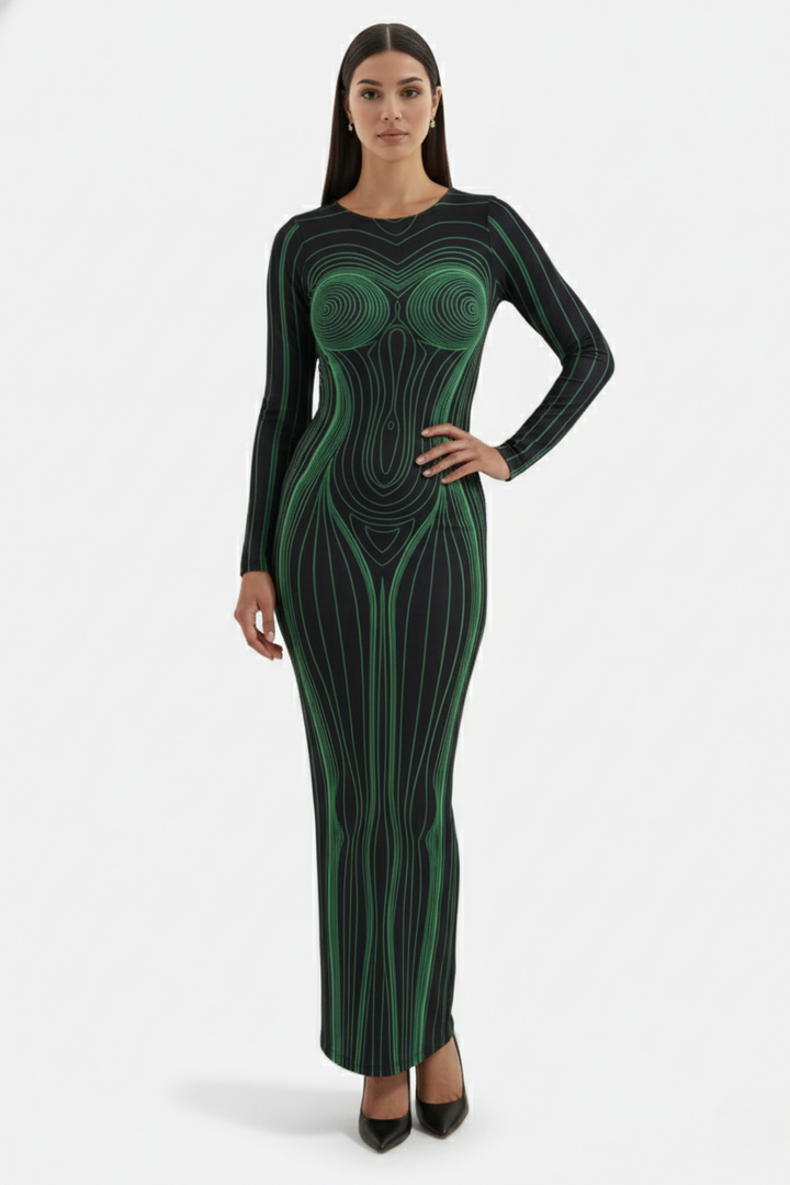 Womens Bodycon Evening Dress with Optical Illusion Long Sleeve Maxi - Clovrio