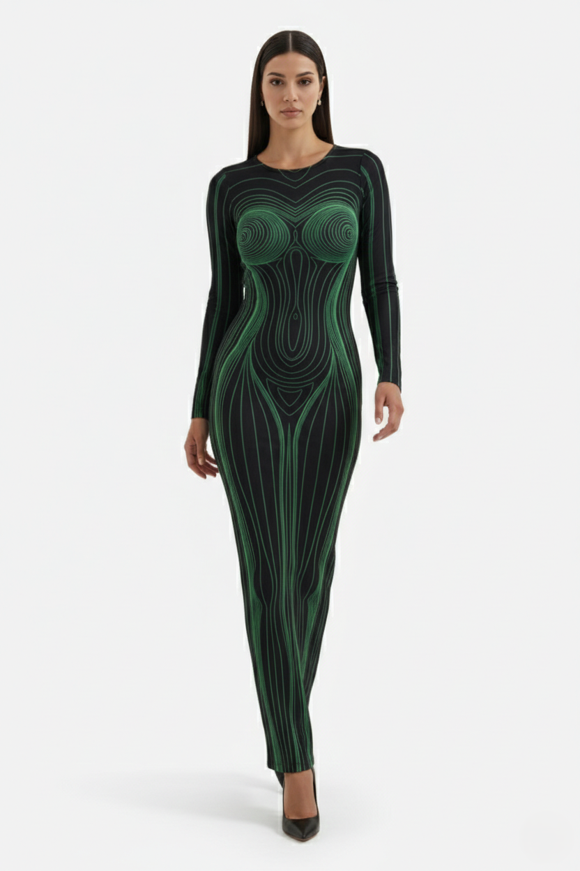 Womens Bodycon Evening Dress with Optical Illusion Long Sleeve Maxi