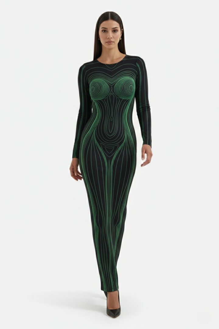 Womens Bodycon Evening Dress with Optical Illusion Long Sleeve Maxi