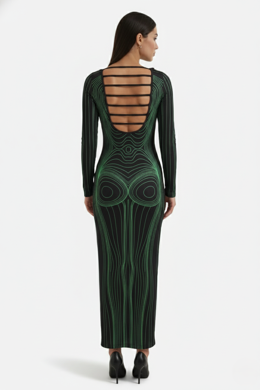 Womens Bodycon Evening Dress with Optical Illusion Long Sleeve Maxi