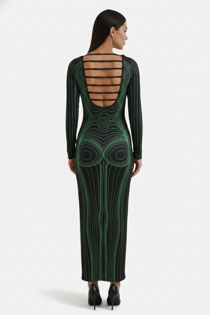 Womens Bodycon Evening Dress with Optical Illusion Long Sleeve Maxi