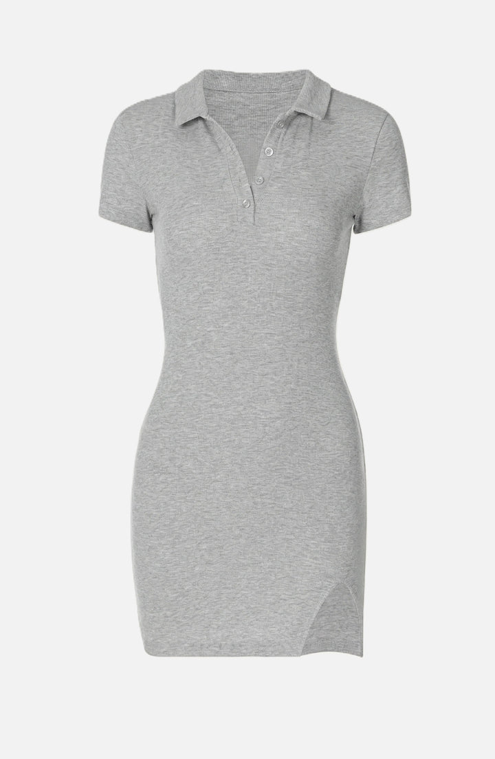 Womens Ribbed Polo Mini Dress Slim Fit Button Front Side Slit