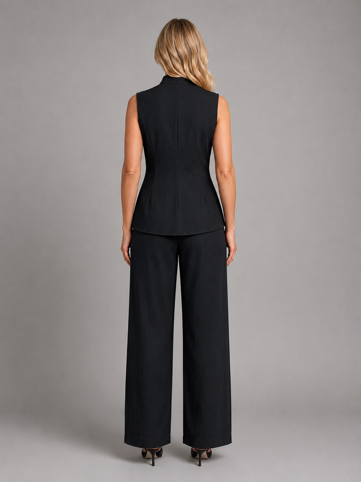 Women's Stylish Sleeveless Button Top and Wide Leg Trousers Co-Ord Set