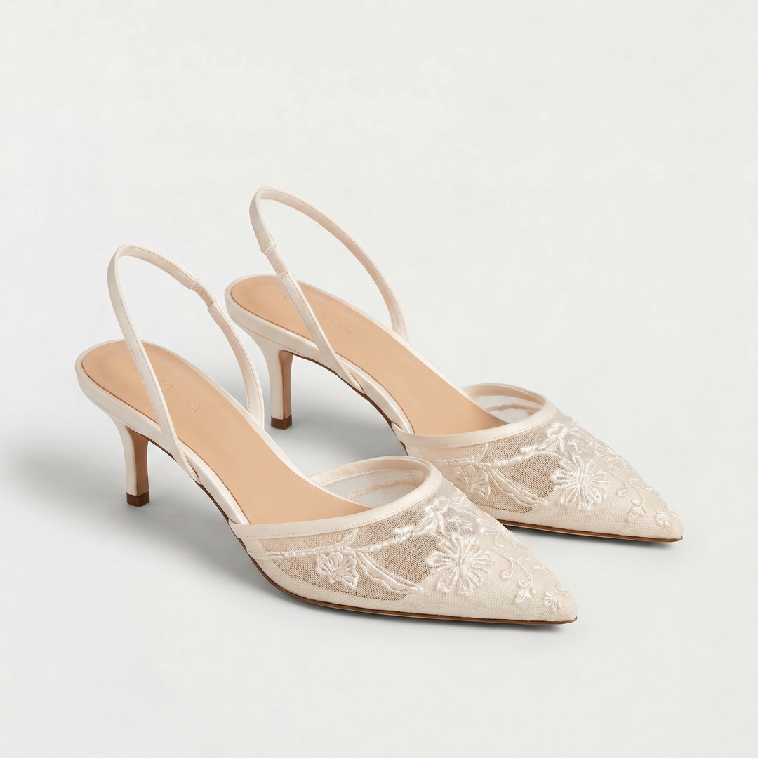 Women's Elegant Mesh Embroidered Pointed Toe Mule Heels