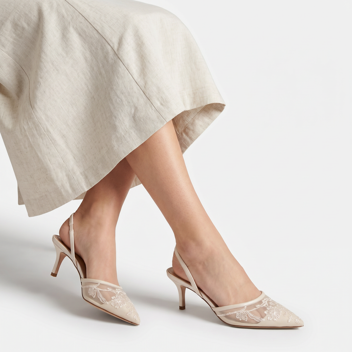 Women's Elegant Mesh Embroidered Pointed Toe Mule Heels