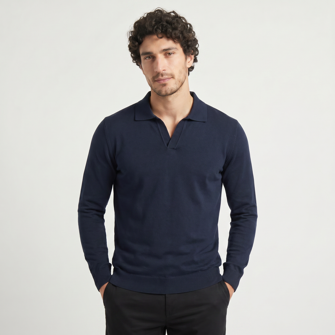 Men's Slim-Fit Knitted Cotton Polo Jumper Navy