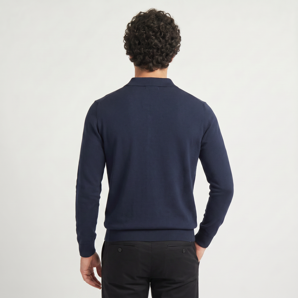 Men's Slim-Fit Knitted Cotton Polo Jumper Navy
