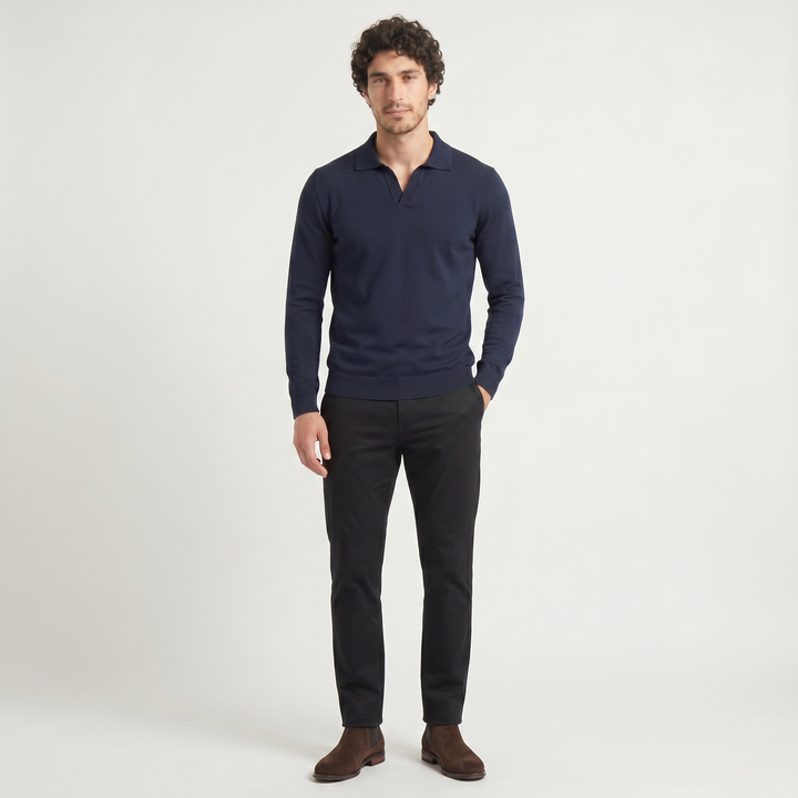Men's Slim-Fit Knitted Cotton Polo Jumper Navy