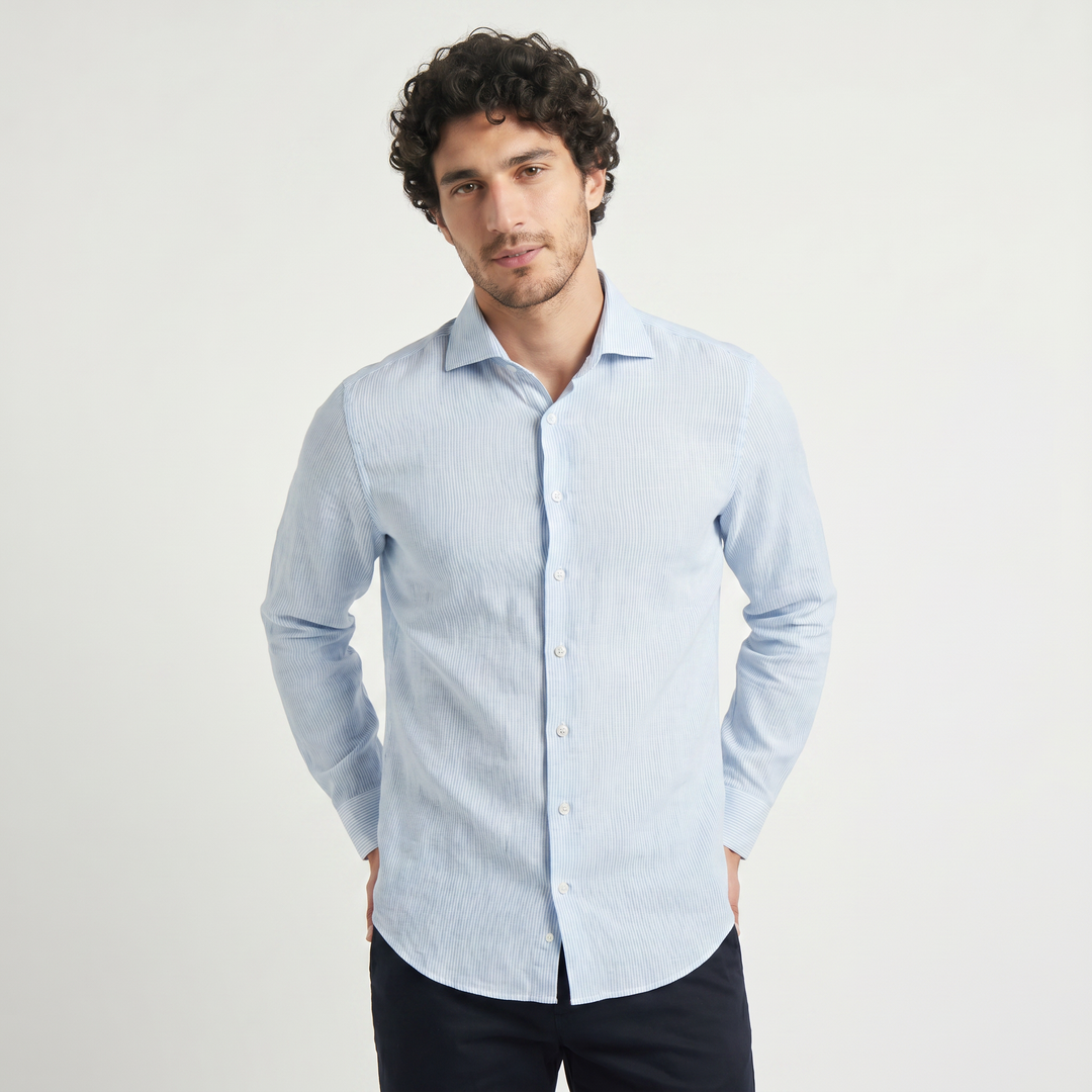 Men's Casual Cotton Long-Sleeve Striped Shirt