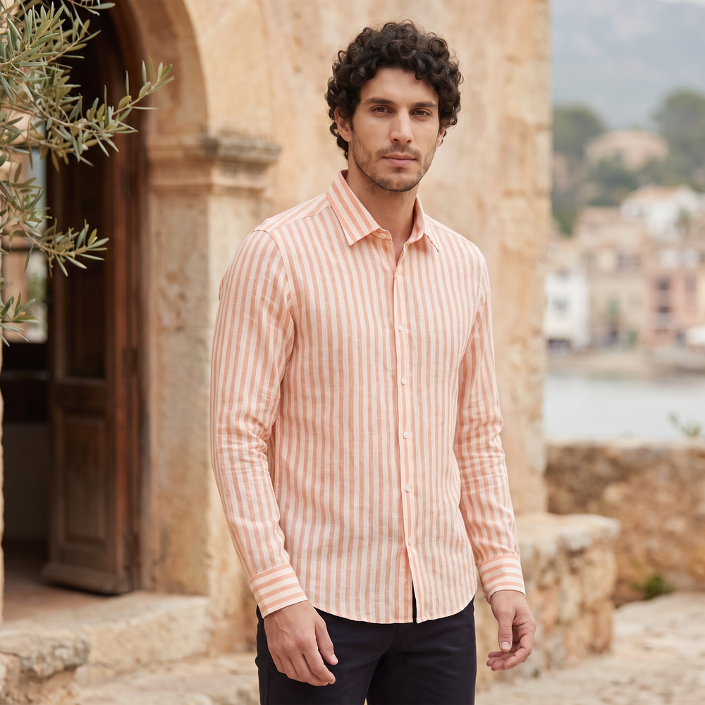 Men's Casual Striped Linen Slim-Fit Shirt