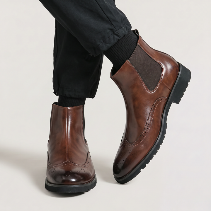 Men's Classic Leather Brogue Slip-On Chelsea Ankle Boots