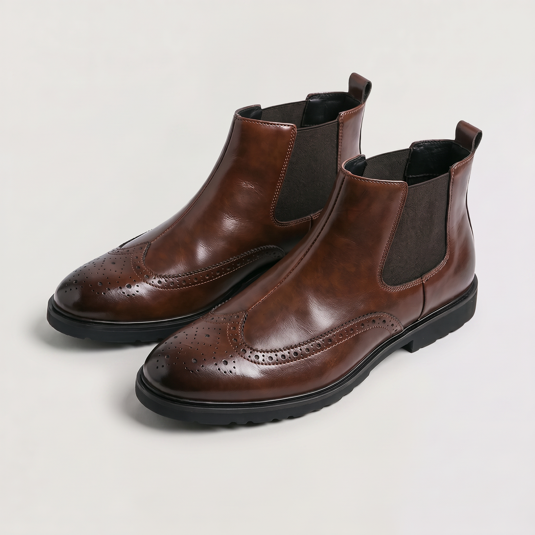 Men's Classic Leather Brogue Slip-On Chelsea Ankle Boots