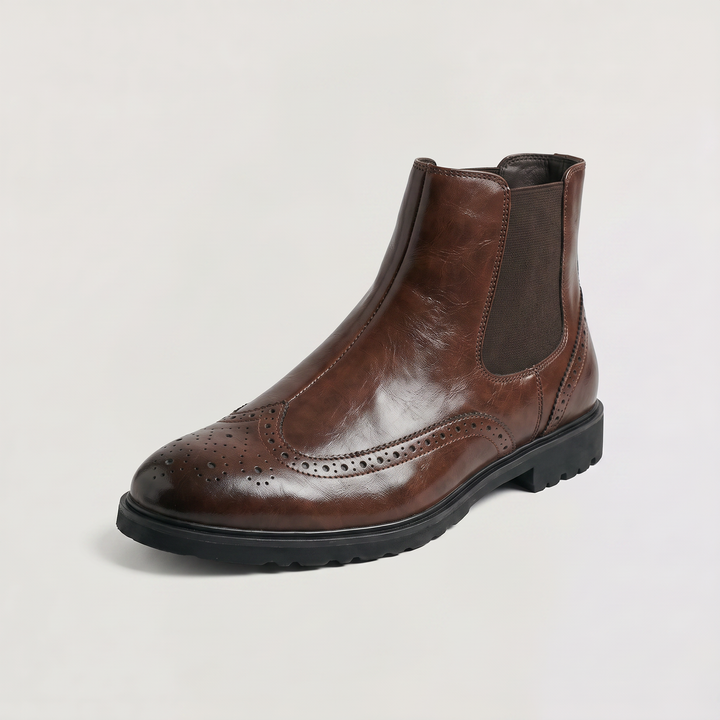 Men's Classic Leather Brogue Slip-On Chelsea Ankle Boots