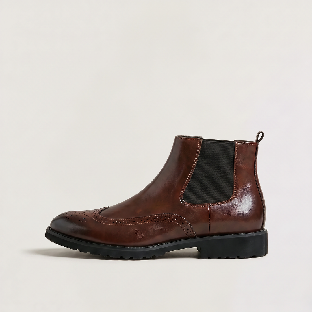 Men's Classic Leather Brogue Slip-On Chelsea Ankle Boots