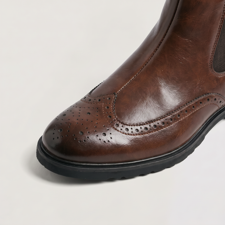Men's Classic Leather Brogue Slip-On Chelsea Ankle Boots