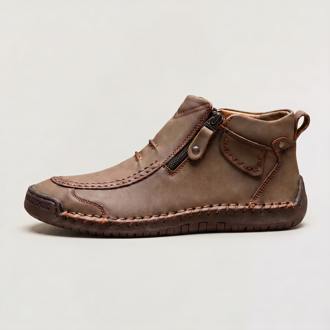 Men's Casual Stitched Leather Ankle Boots with Side Zip