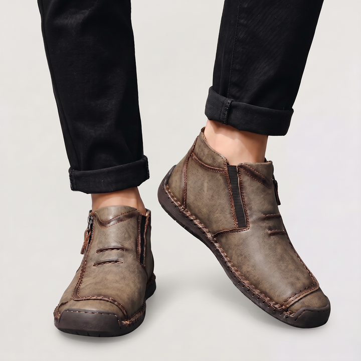 Men's Casual Stitched Leather Ankle Boots with Side Zip