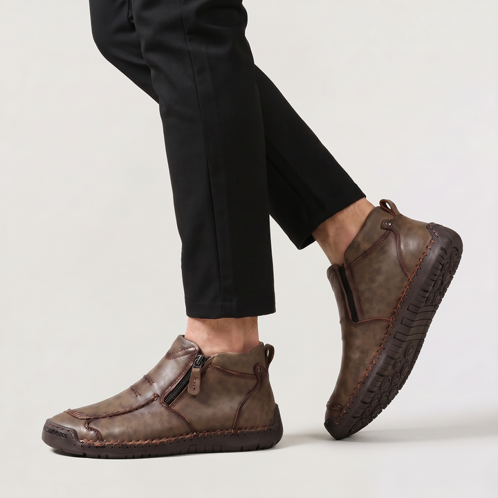 Men's Casual Stitched Leather Ankle Boots with Side Zip