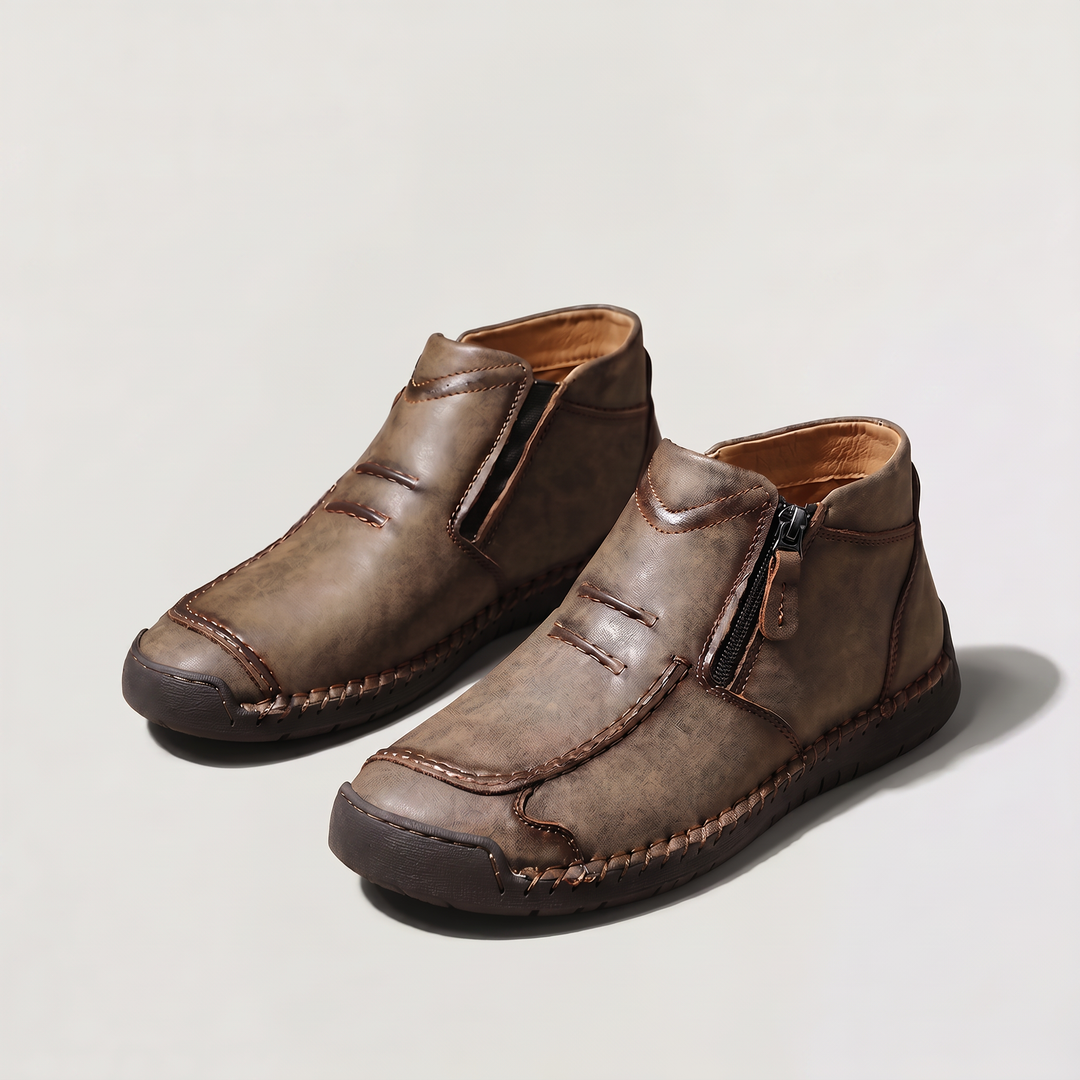 Men's Casual Stitched Leather Ankle Boots with Side Zip