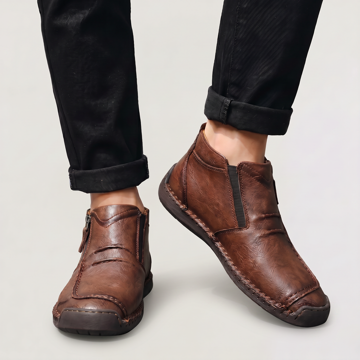 Men's Casual Stitched Leather Ankle Boots with Side Zip