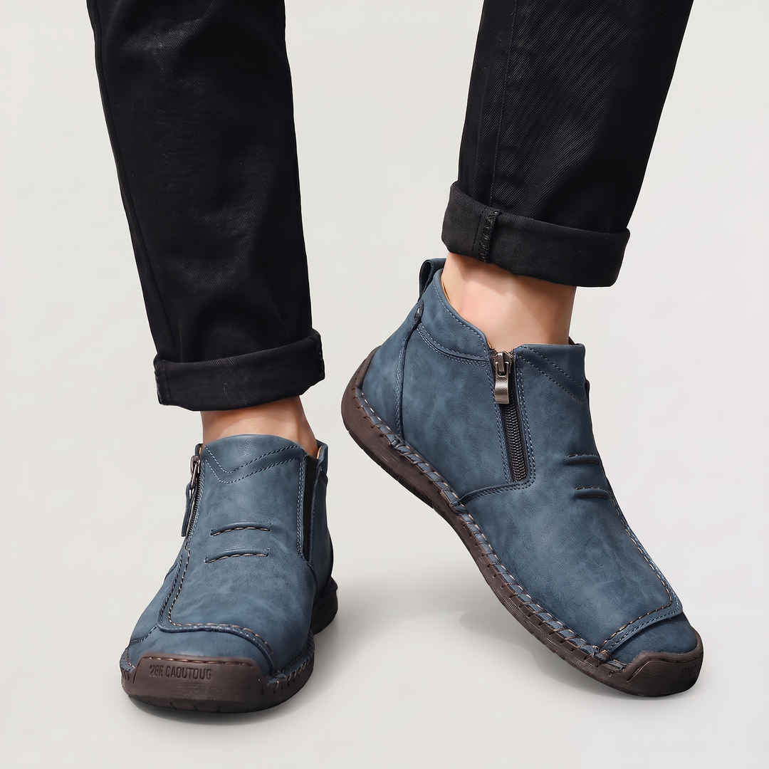 Men's Casual Stitched Leather Ankle Boots with Side Zip