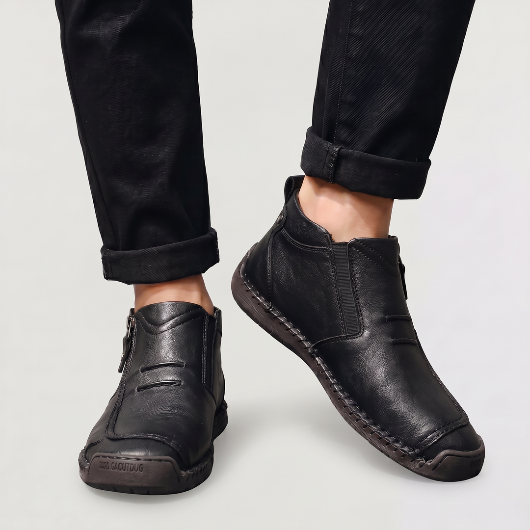 Men's Casual Stitched Leather Ankle Boots with Side Zip