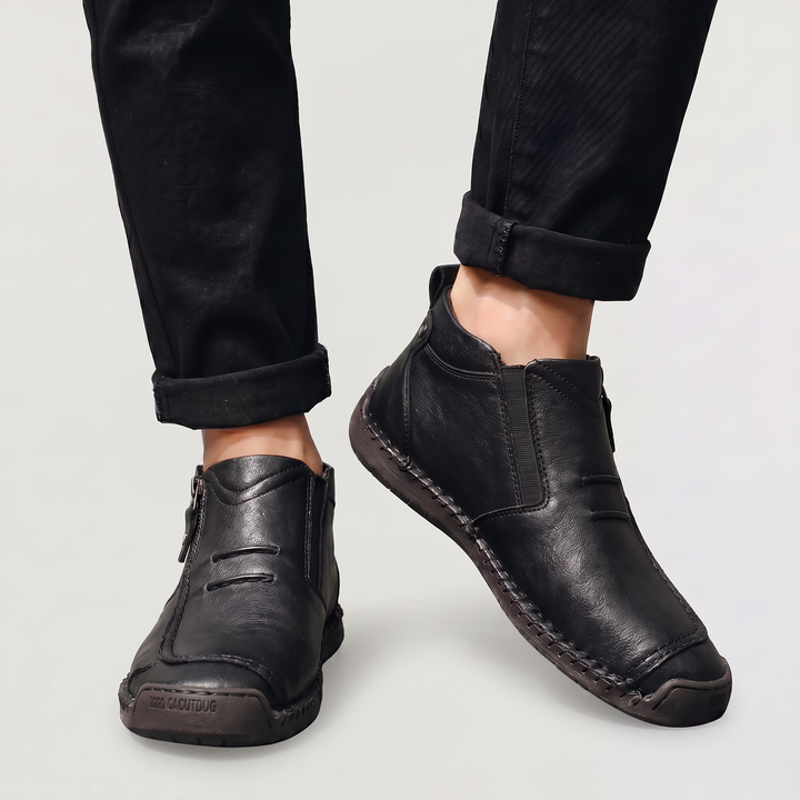 Men's Casual Stitched Leather Ankle Boots with Side Zip