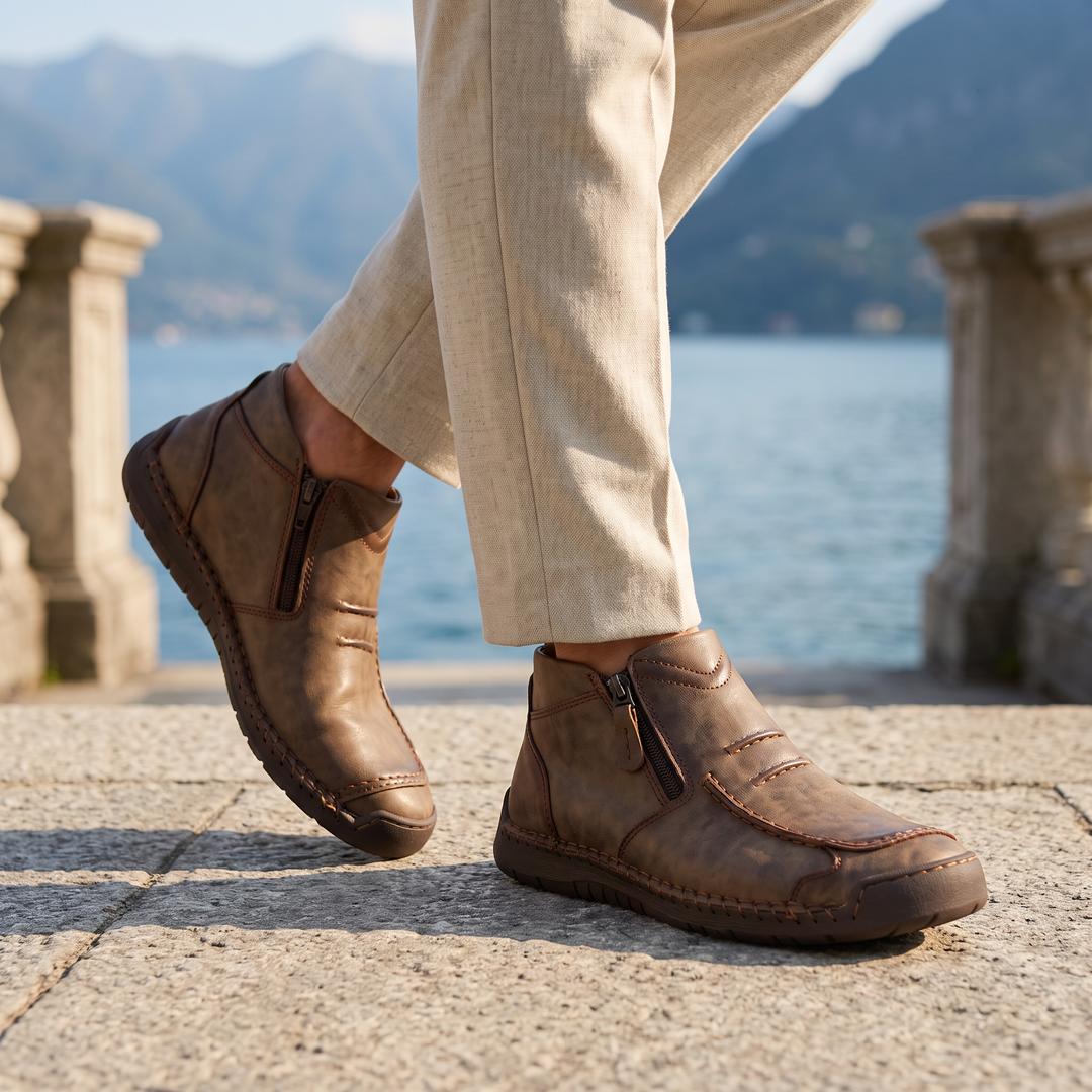 Men's Casual Stitched Leather Ankle Boots with Side Zip